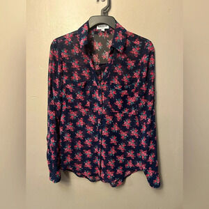 Express shirt - navy/pink sheer floral “Portofino” long sleeve button front